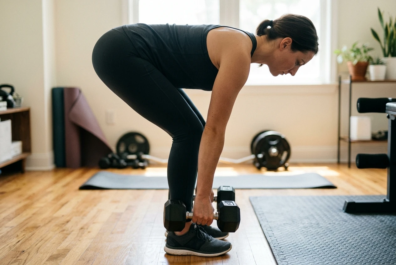 A close-up side view of a woman performing a Romanian deadlift, hinged forward at the hips with a dumbbell in each hand lowered along her shins, back flat, in a bright home gym space with a wood floor.