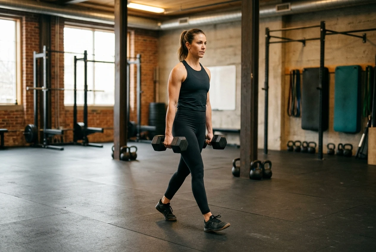 A woman walking across a room holding a heavy dumbbell in each hand at her sides, shoulders back, demonstrating a farmer's carry, with warm indoor lighting and a clear floor path.