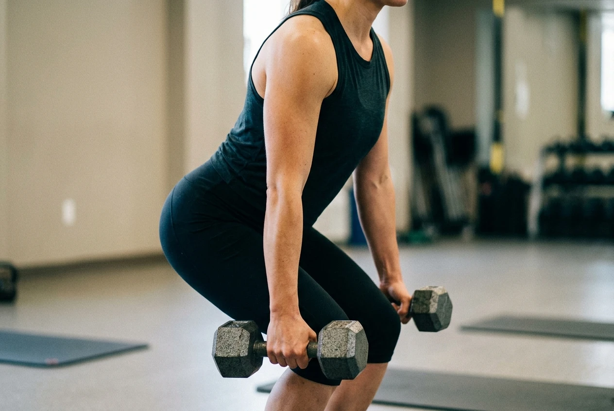 A close-up of a woman's torso and arms during a dumbbell squat, spine visibly straight and chest lifted, knees softly bent, emphasizing correct upright form against a plain neutral background.