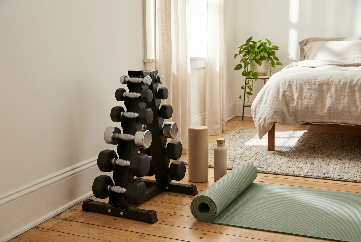 A set of dumbbells of varying sizes neatly arranged on a small rack beside a yoga mat in a tidy corner of a bedroom, soft morning light suggesting a simple home workout space.