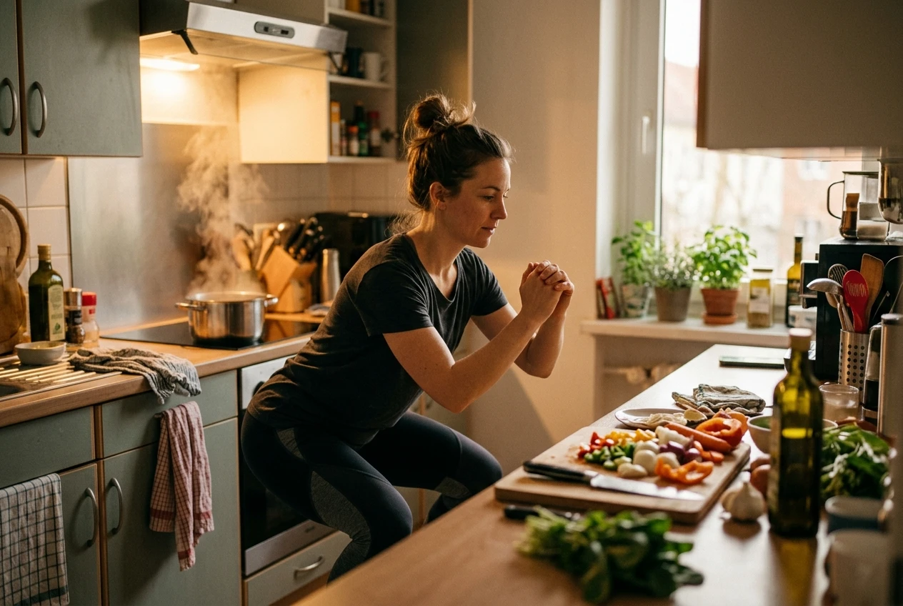 A woman doing bodyweight squats in a kitchen while a pot simmers on the stove behind her, steam rising, warm evening light, dinner ingredients on the counter.