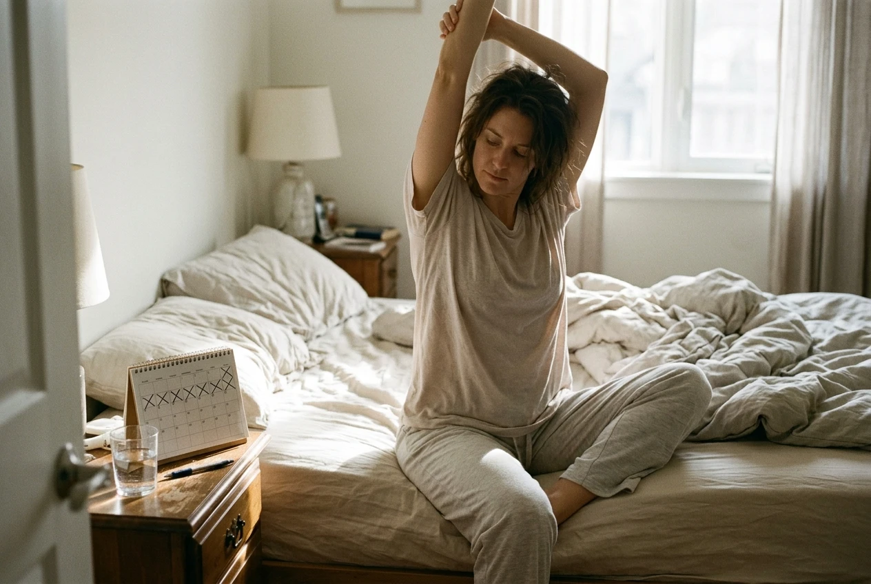 A woman sitting on the edge of a bed in comfortable clothes, stretching her arms overhead in a small patch of morning sunlight, a crossed-off calendar page visible on the nightstand showing two missed days.