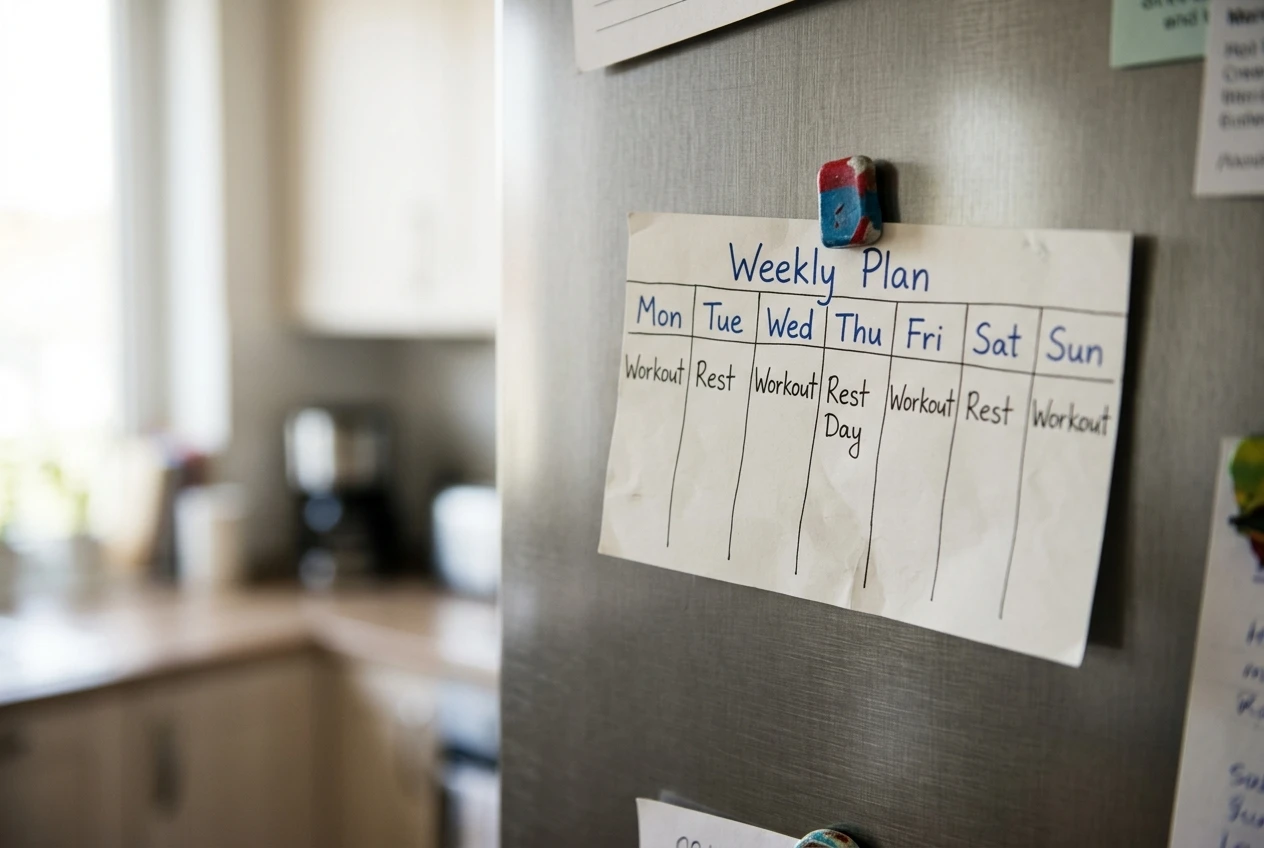 A simple weekly planner card on a fridge held by a magnet, showing a loose grid of workout days and rest days in handwriting, kitchen in soft background blur.
