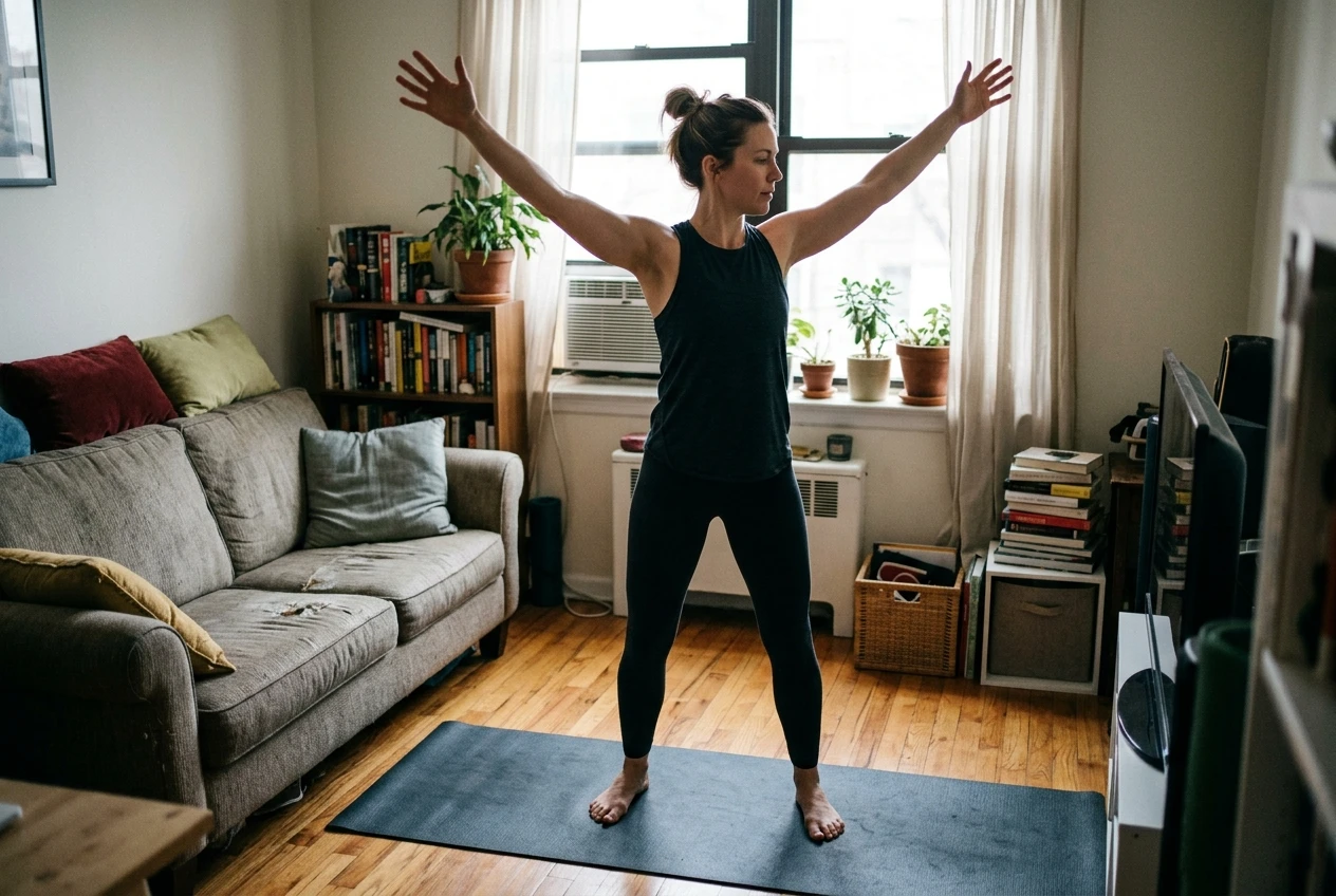 A woman standing on a mat in a small home space, mid arm-circle with both arms raised, feet planted and knees soft, her shoulders and elbows visible to show joint movement without any weights in her hands.