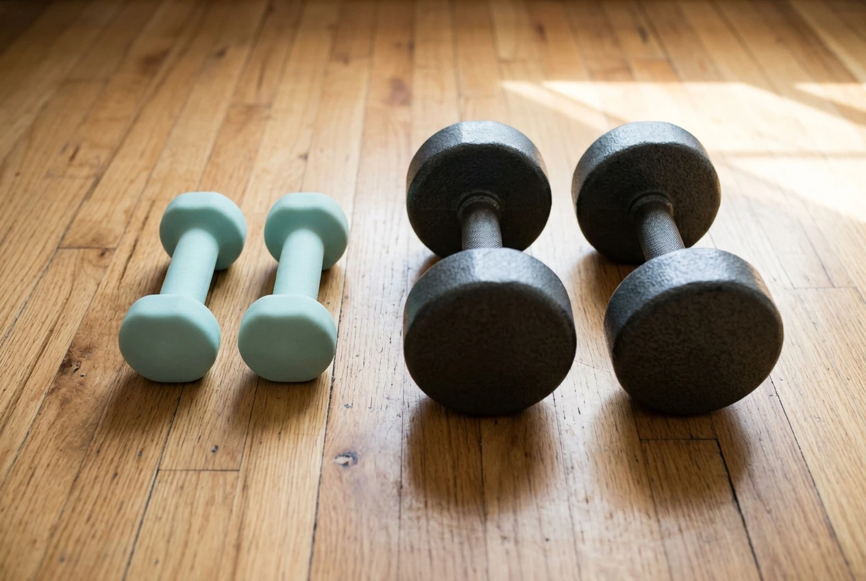 Two pairs of dumbbells of visibly different sizes lined up on a hardwood floor, a light pair and a noticeably heavier pair, labeled only by their contrasting shapes and colors, soft natural light from the side.