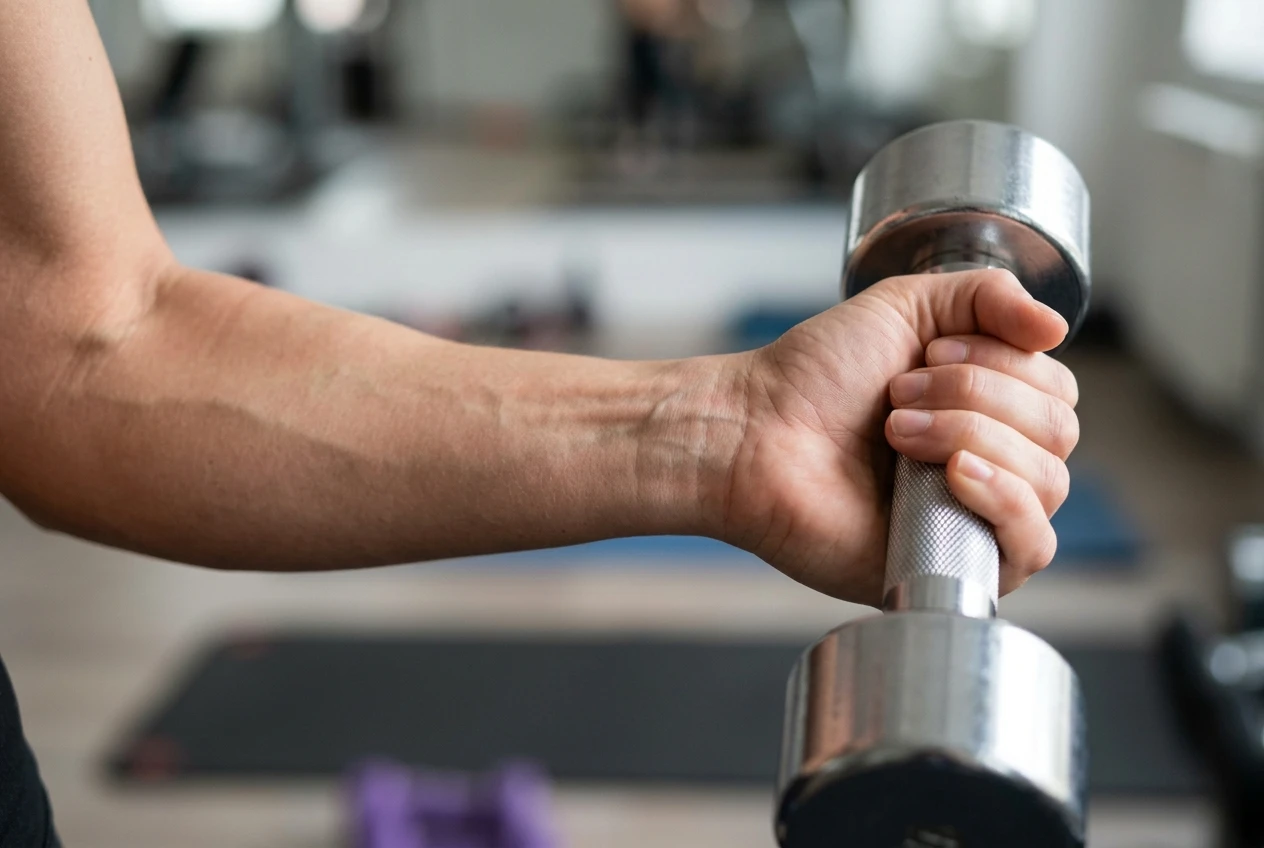 A close-up of a woman's forearm and wrist holding a dumbbell during a curl, the wrist held in a straight neutral line with the forearm, skin and tendons visible under indoor lighting to show correct alignment.