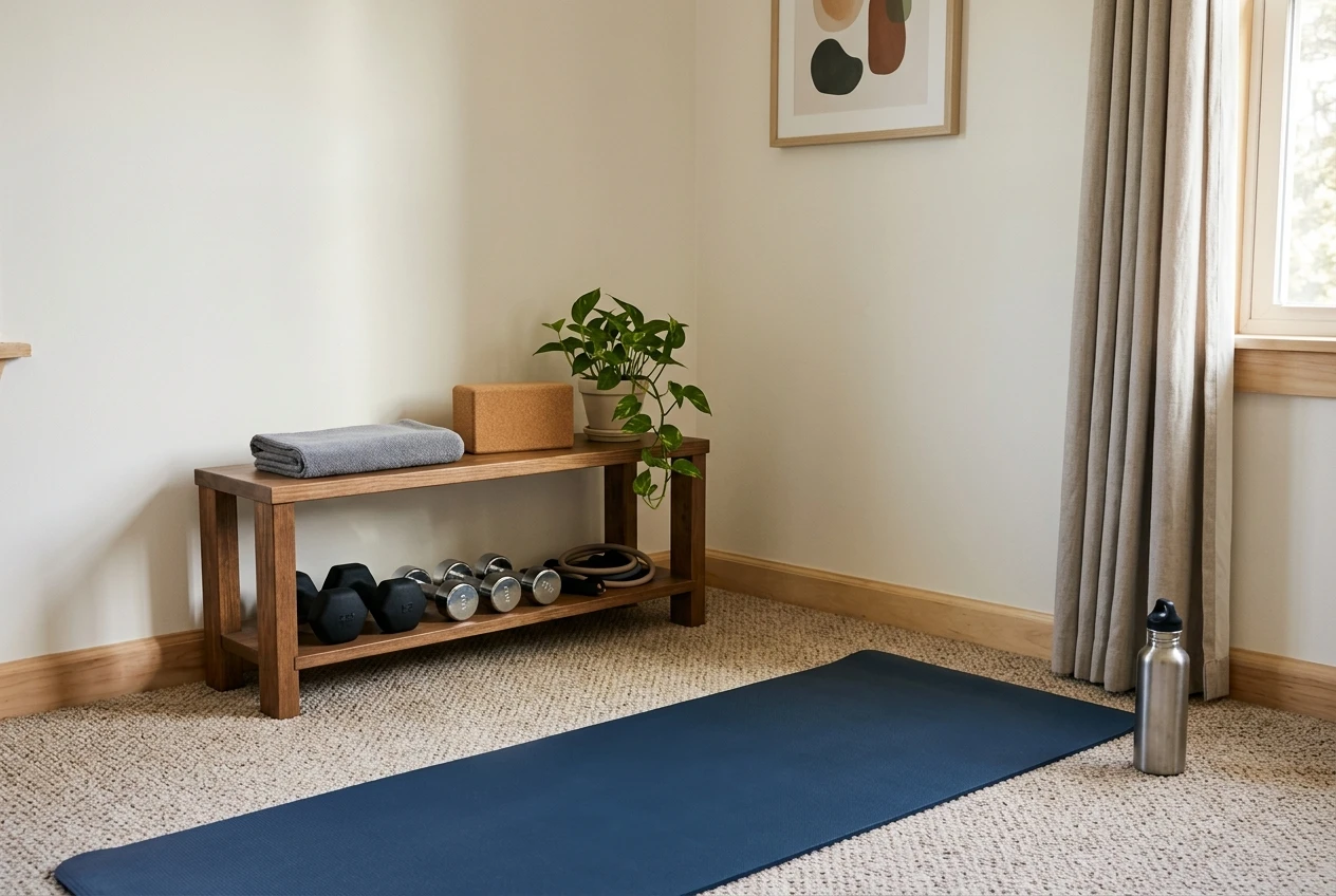 A small tidy home exercise corner with a cleared rectangle of floor space, a firm mat laid over carpet, dumbbells resting neatly on a low shelf against the wall, and a water bottle nearby, lit by daylight from a window.