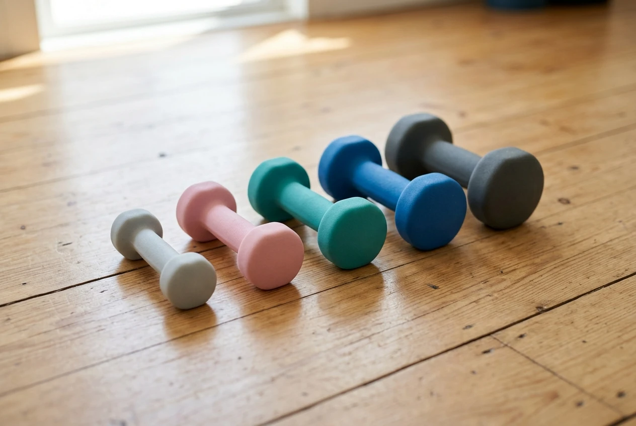 A small collection of light dumbbells arranged in ascending weight order on a wooden floor, from very light to slightly heavier, suggesting gradual progression, with soft natural light casting gentle shadows.