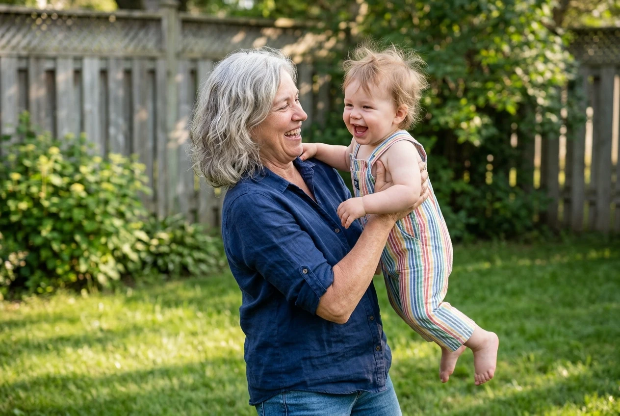 A grey-haired woman lifting a laughing toddler up onto her hip in a backyard, her arms and shoulders visibly engaged, green grass and a wooden fence softly blurred behind them.