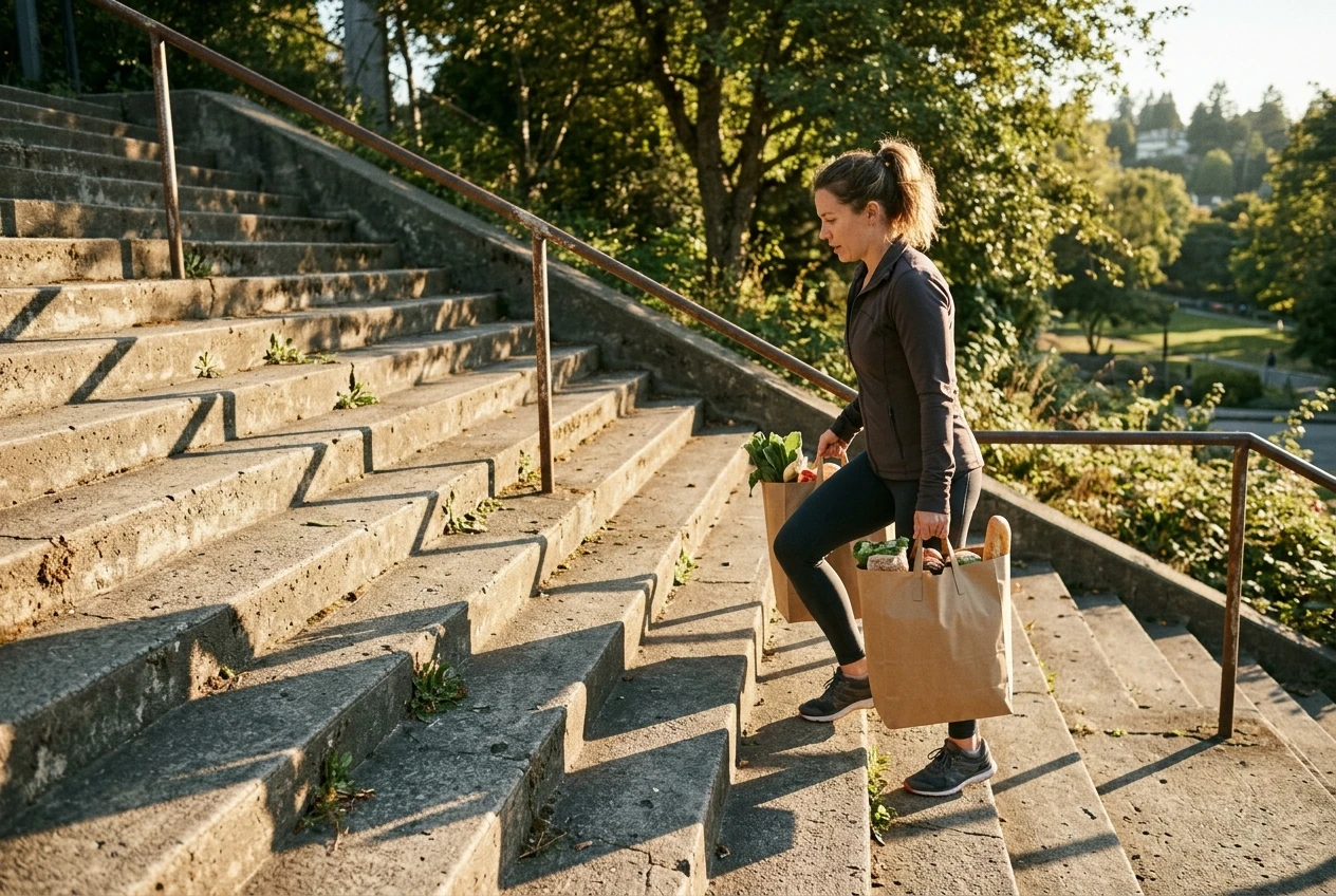 A woman in workout clothes climbing a concrete outdoor staircase with a full grocery bag in each hand, late afternoon light casting long shadows across the steps.