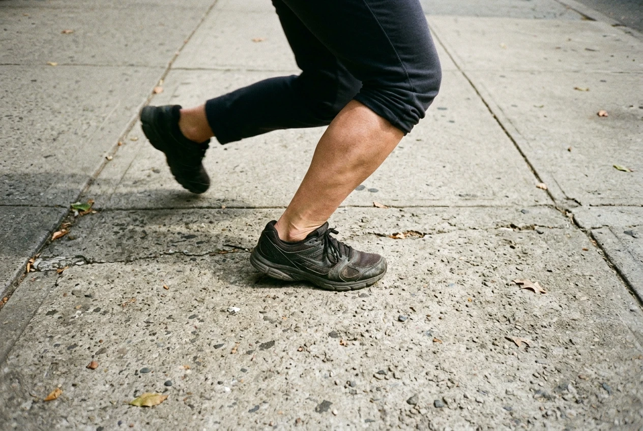A close-up of a woman's legs and feet catching her balance mid-stumble on a sidewalk, one foot planted firmly, knee bent, showing the instinctive muscular reaction before a fall happens.