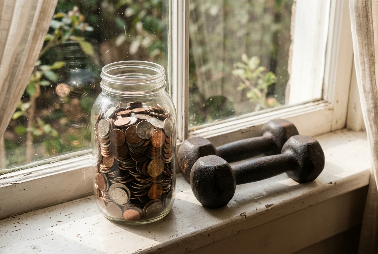 A simple glass jar filled gradually with coins sitting on a windowsill beside a pair of dumbbells, soft natural light suggesting steady, patient accumulation over time.