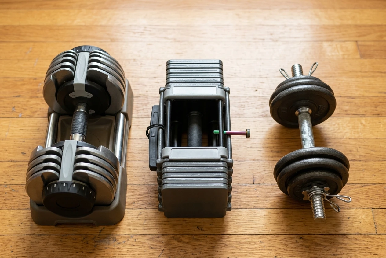 Three adjustable dumbbells side by side on a wood floor: a dial-adjustable dumbbell with a turn selector, a pin-adjustable dumbbell with a metal pin through a plate stack, and a plate-l