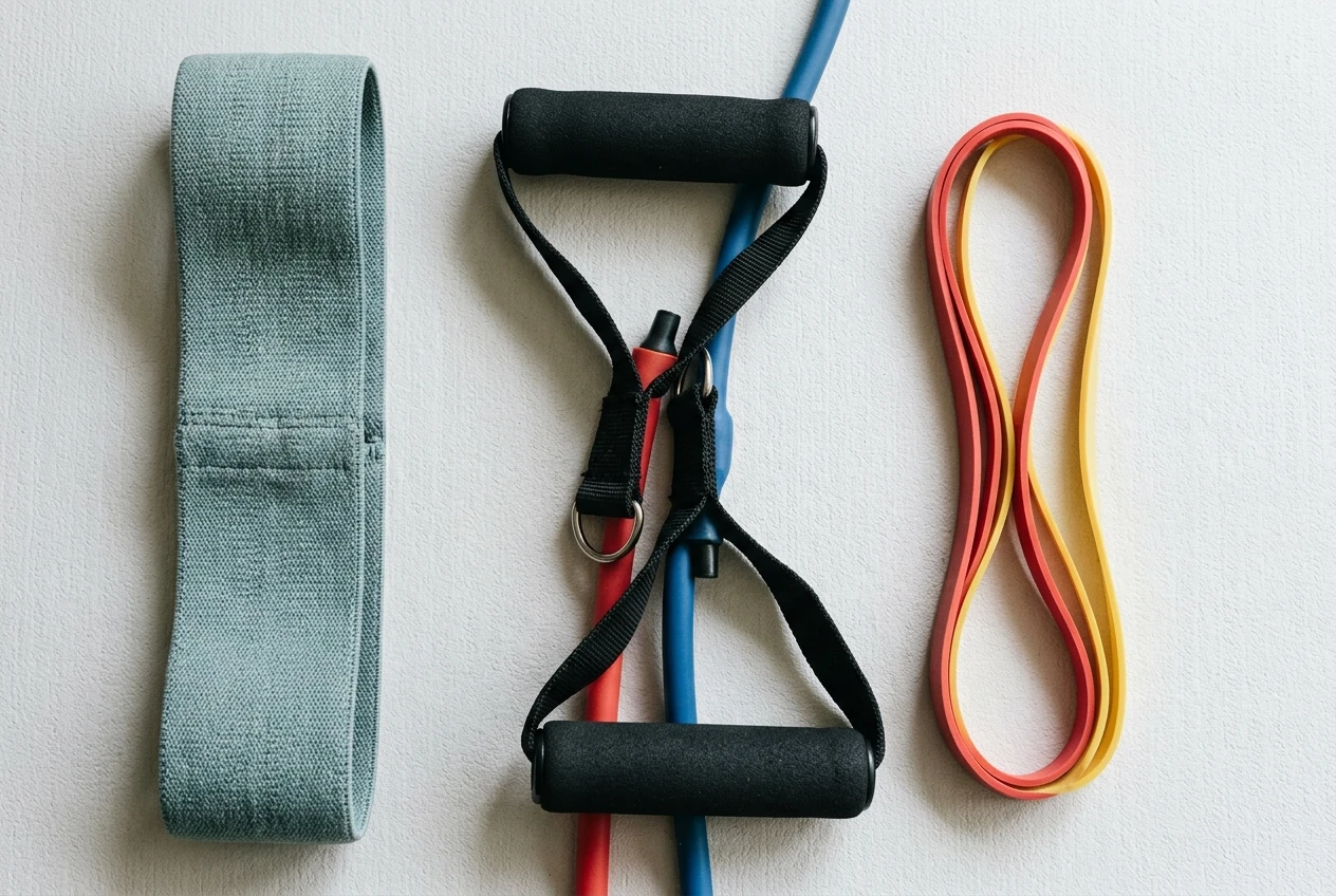 A flat-lay of workout gear on a light mat: a continuous fabric loop band, a handled resistance band with thick padded grips, and a thin rubber loop band side by side, showing the contrast in grip thickness and material.