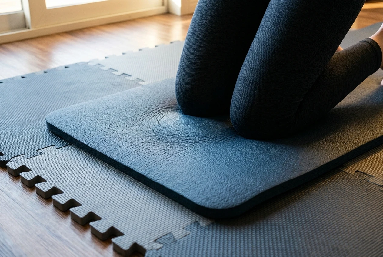A thick closed-cell foam exercise mat laid over interlocking foam tiles on a hard floor, with a pair of knees pressing into it to show the cushioning depth, warm indoor light.