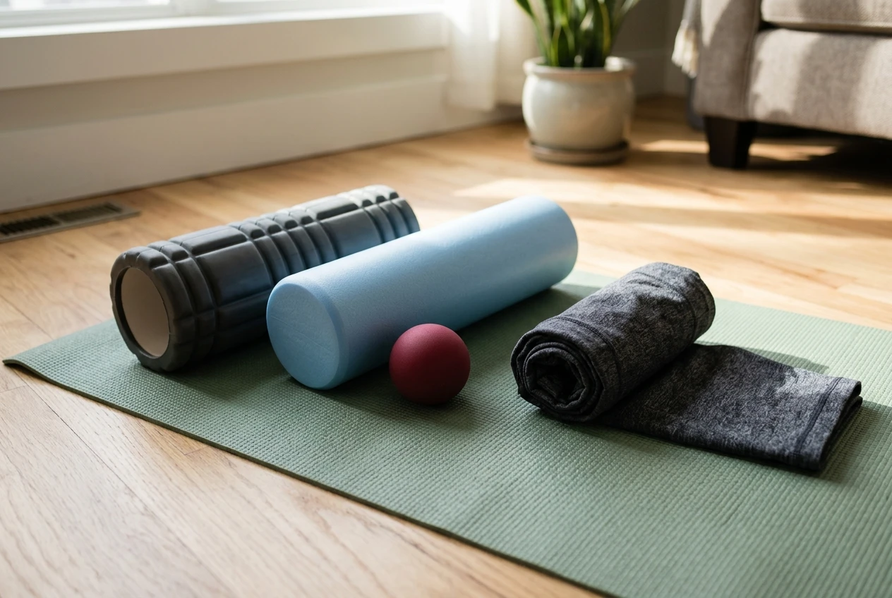 A foam roller, a lacrosse-sized massage ball, and a soft-density roller arranged on a mat near a pair of rolled-up leggings, soft morning light from a nearby window.