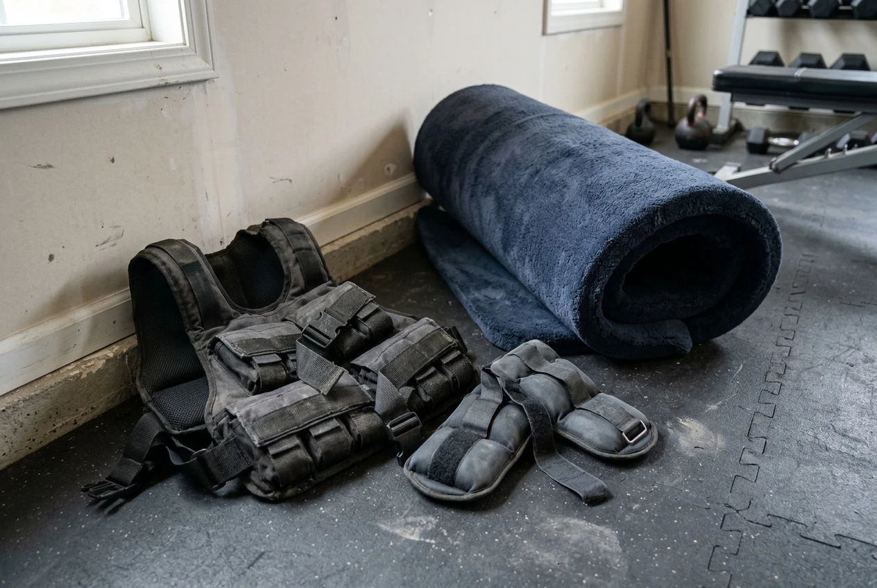 A weighted vest, a pair of ankle weights, and an overly thick plush mat set slightly apart from the rest of the gear, styled to look like items being set aside or not chosen.