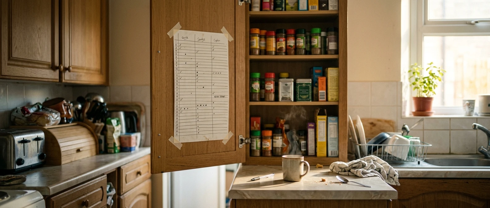 A simple paper grid taped inside a kitchen cupboard door, with dates down one side and three handwritten columns across the top, a pen resting on the counter beside a coffee mug in s