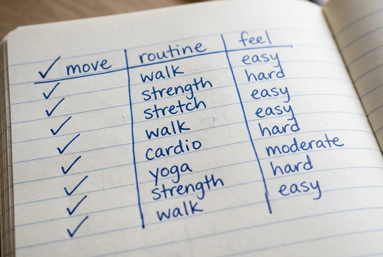 A close-up of a notebook page with three simple columns labeled by hand: a checkmark for movement, a single word like 'walk' or 'strength', and a word like 'easy' or 'hard', filled in for several rows, no charts or extra detail.