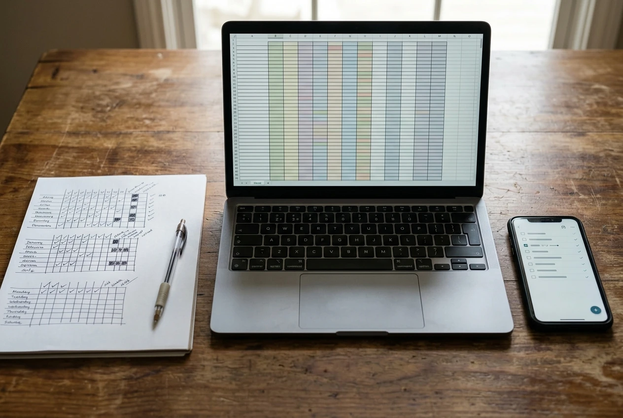 Three different tracking formats laid side by side on a wooden table: a handwritten paper grid, a laptop open to a plain spreadsheet with rows and columns, and a phone showing a minimal checklist app, all in natural daylight.