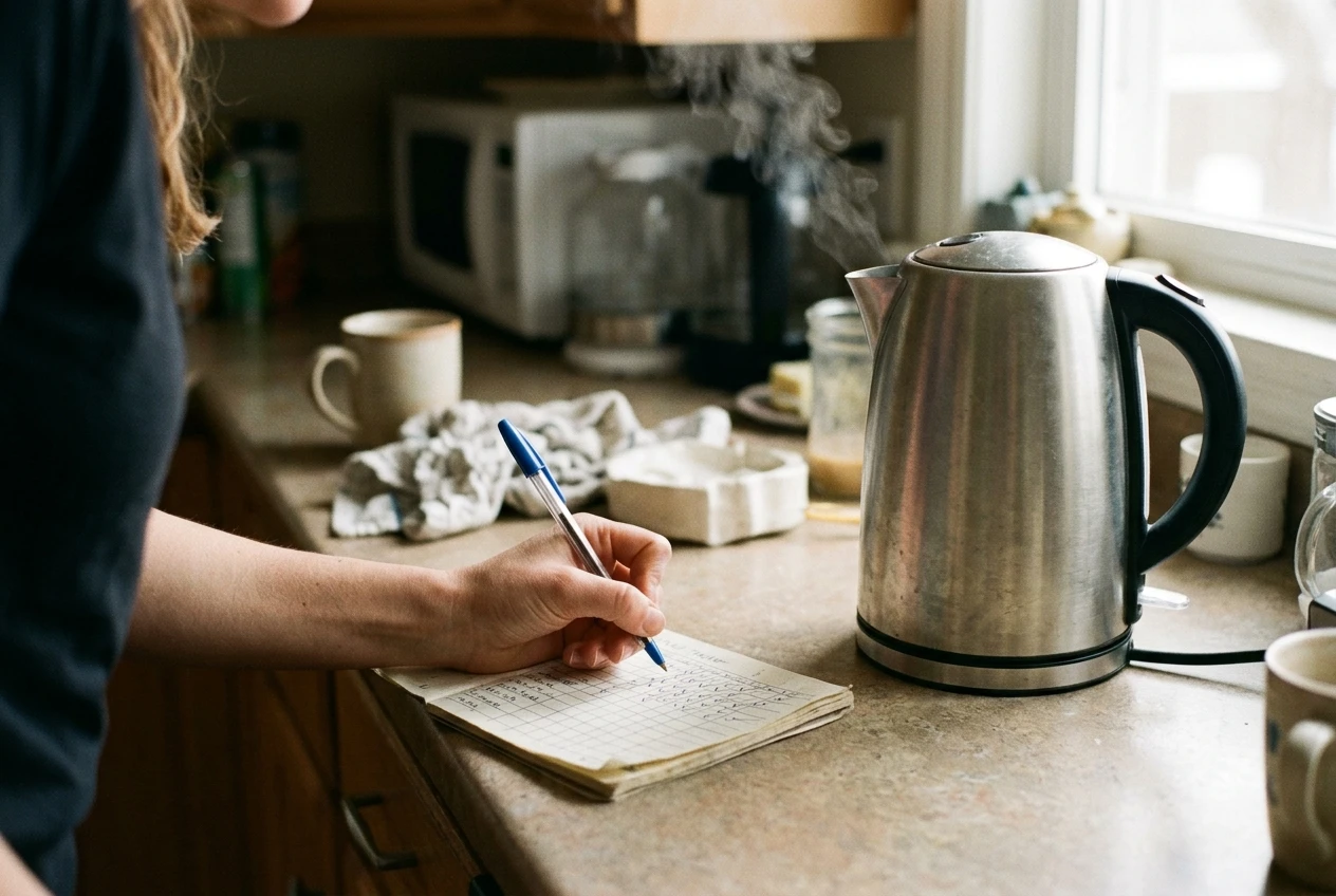 A woman's hand jotting a quick note into a small paper tracker on the kitchen counter next to a kettle just starting to steam, capturing the speed and casualness of the moment.
