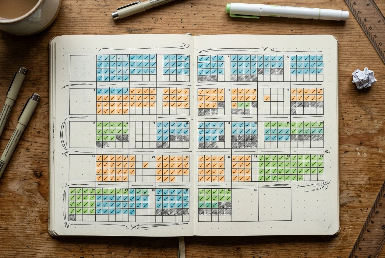 A full month's tracker page viewed from above, showing clusters of filled-in days separated by a few blank gaps, illustrating the uneven but returning rhythm of real consistency.