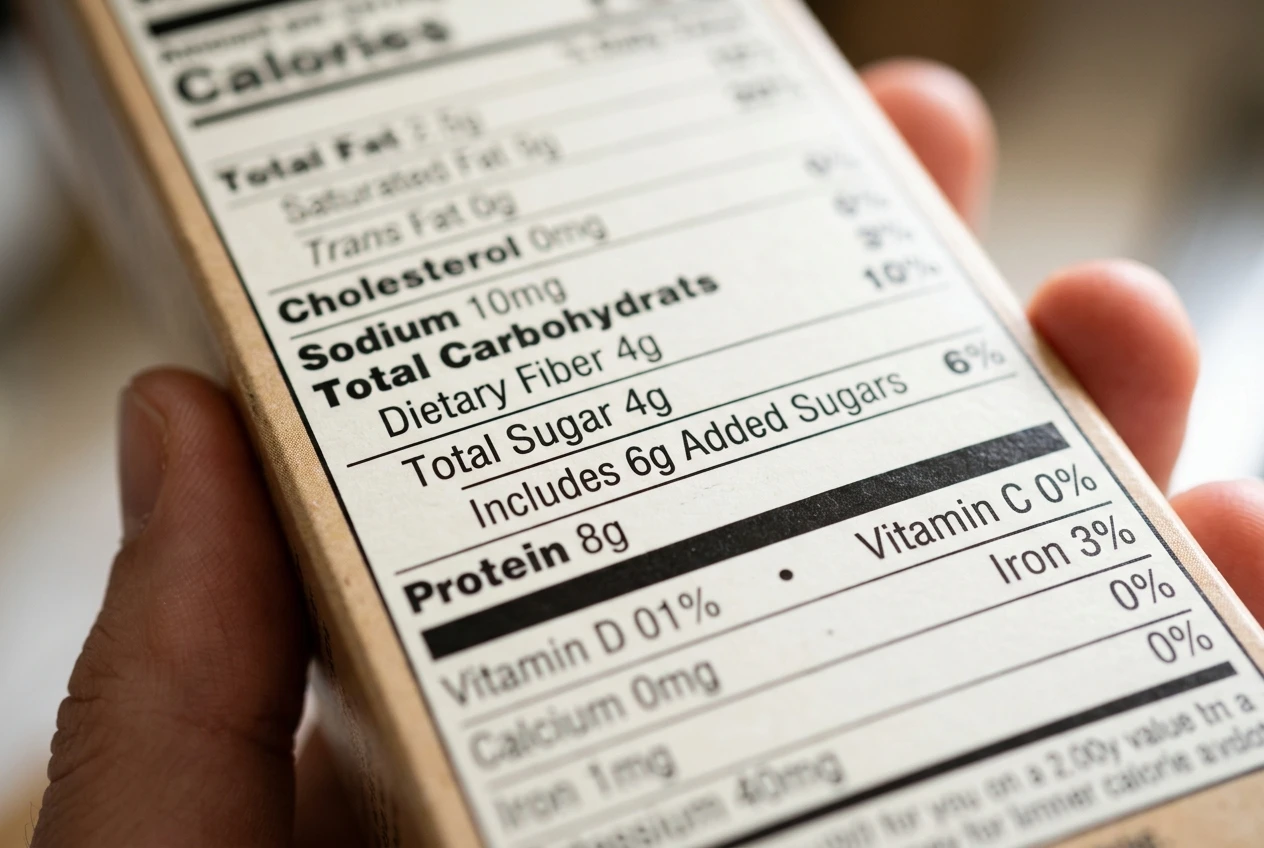 A close-up of a nutrition facts label on a food package, with the protein, added sugar, and dietary fiber lines sharply in focus while the rest of the label is slightly blurred, held under bright kitchen light.