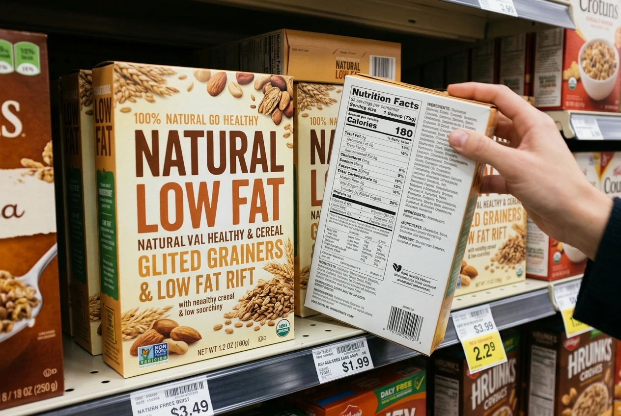 A food package on a store shelf with bold front-of-box words like 'natural' and 'low fat' prominently displayed, next to a hand flipping it over to reveal the plain nutrition label on the back.