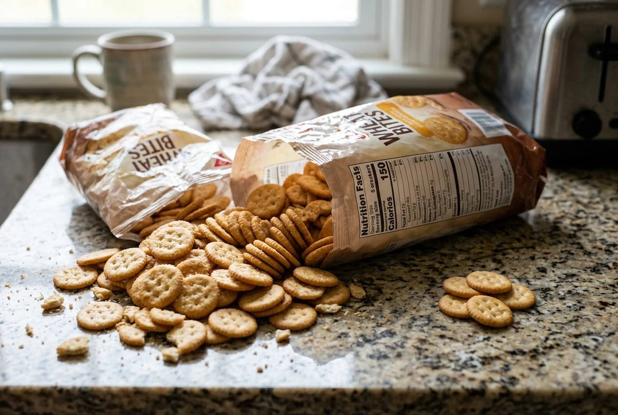 An open bag of crackers spilled onto a kitchen counter next to its nutrition label showing a small serving size, with a handful of crackers piled much larger than one serving beside it.