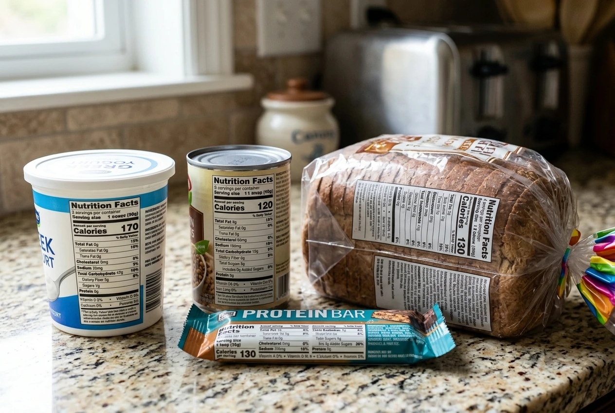 A kitchen counter arrangement of a tub of Greek yogurt, a can of lentils, a protein bar wrapper, and a loaf of bread, each with its nutrition label turned toward the camera under soft natural light.
