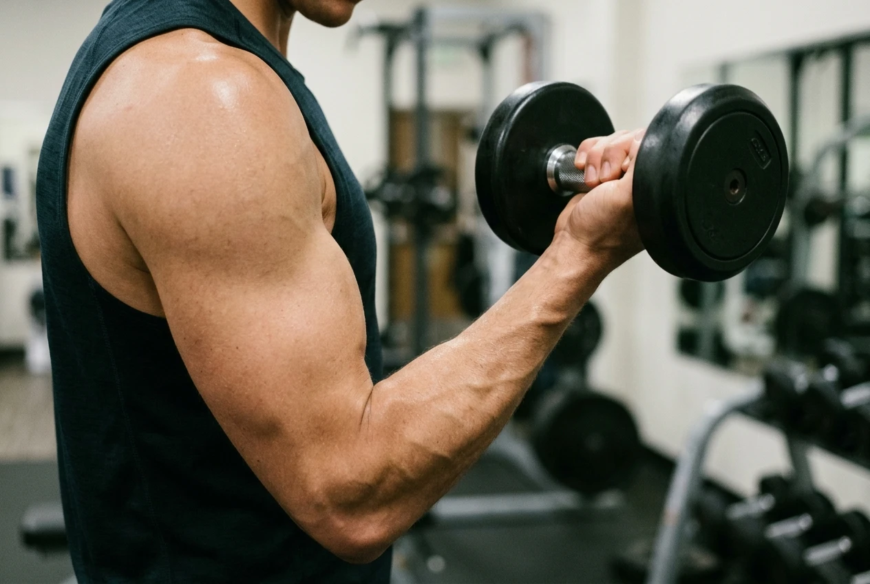 Close-up of a toned, defined forearm and shoulder lifting a moderate dumbbell, skin and muscle lines visible but lean rather than bulky, neutral gym lighting.