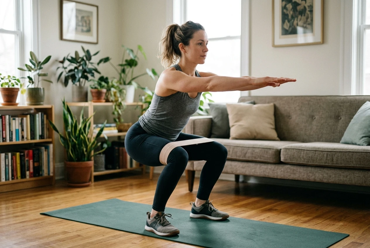 A woman performing a controlled bodyweight squat with knees tracking carefully over her feet, a yoga mat beneath her and light resistance band looped around her thighs, focused and steady posture in a home setting.