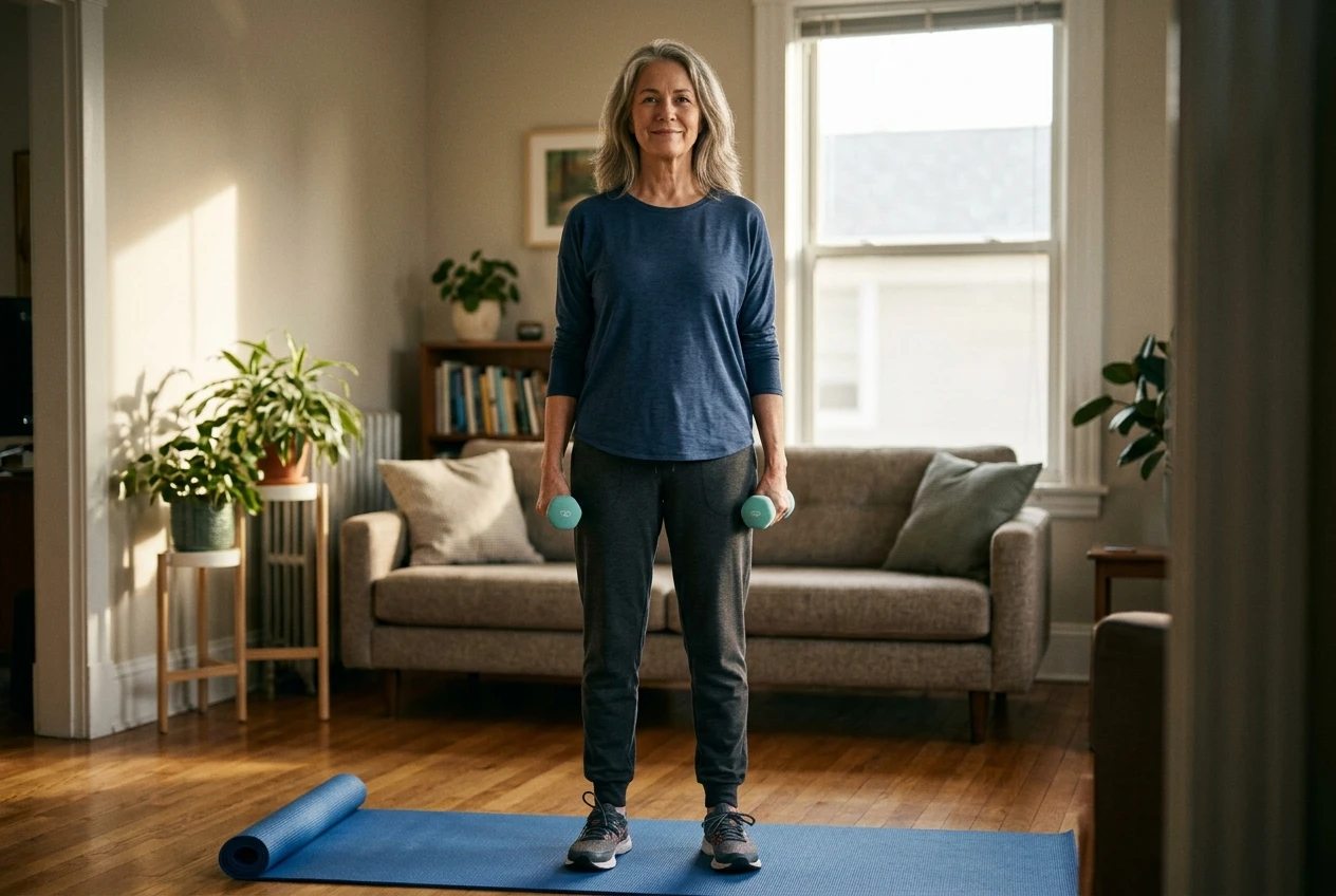 An older woman with grey-streaked hair holding a light dumbbell in each hand, standing tall in a simple living room with a rolled-out mat, warm afternoon light, calm and capable expression rather than straining.
