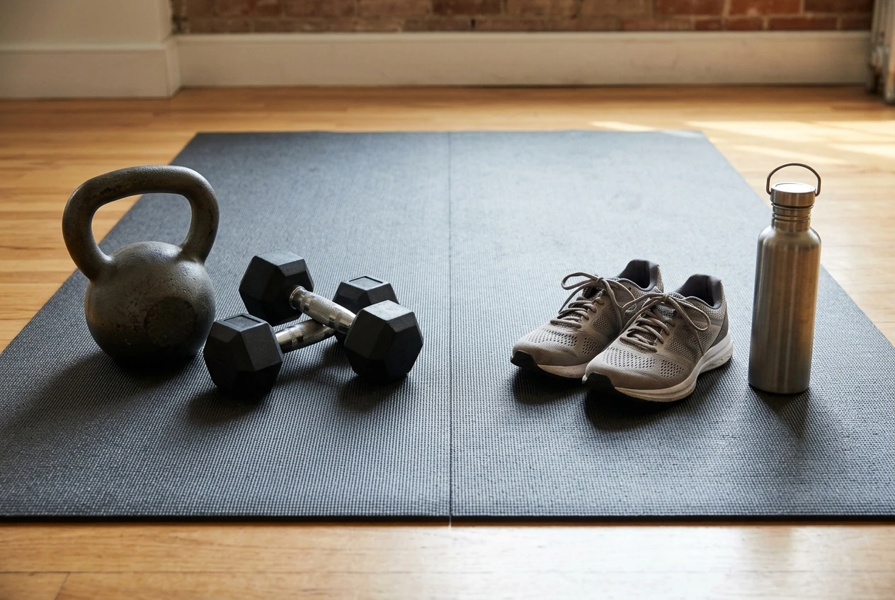 Split scene on a single mat: a kettlebell and a pair of dumbbells on one side, running shoes and a water bottle on the other, both equally arranged to suggest two complementary routines rather than one replacing the other.