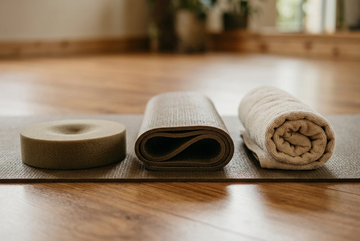 A close-up of a kneeling area on a yoga mat showing three cushioning methods side by side: a small foam knee pad, a mat folded double, and a rolled towel tucked under the knee area, soft studio light.