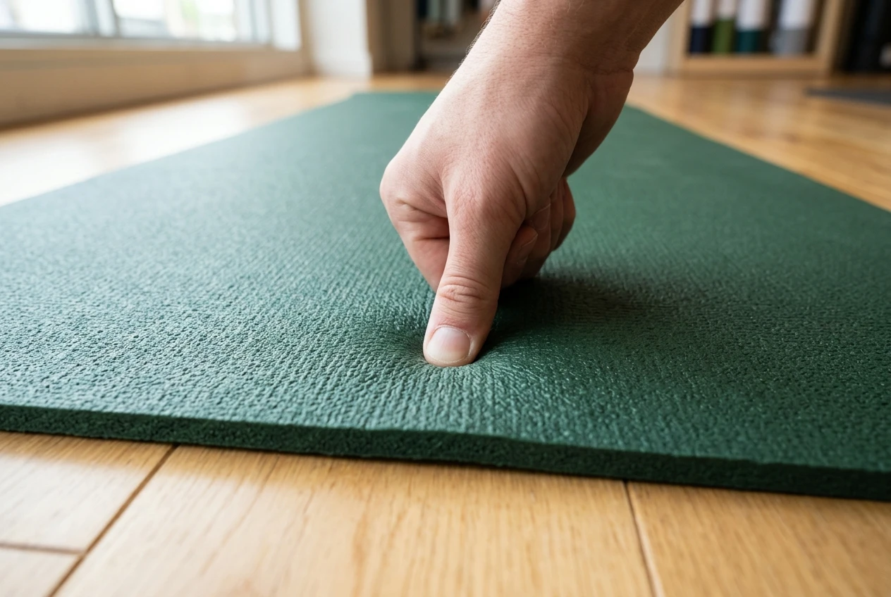 A close-up of a hand pressing a thumb firmly into the surface of a thick yoga mat laid on a showroom floor, testing how far the foam compresses, natural daylight highlighting the texture of the foam.